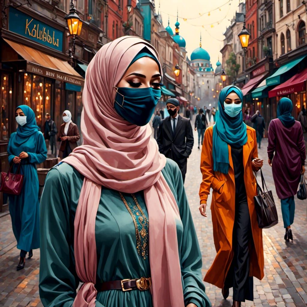 Masked Woman in Hijab in Cozy City