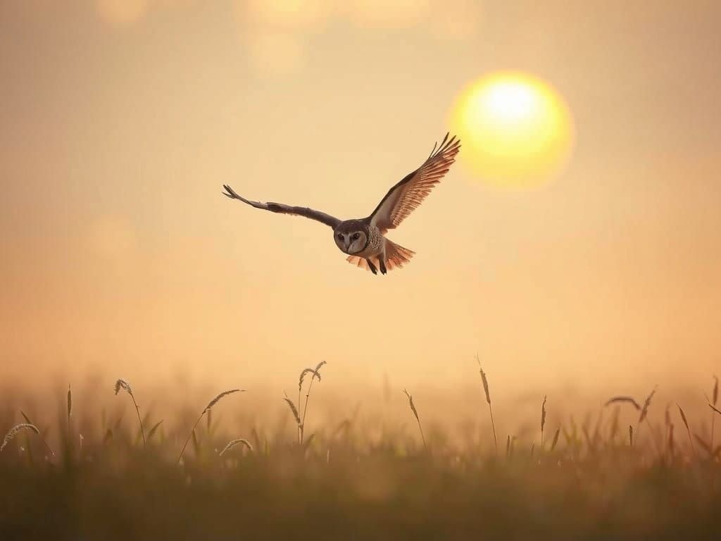 Owl Takes Flight in Morning Mist