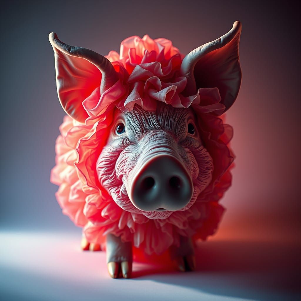 Vibrant Chiffon Pig Sculpture in Futuristic Realism Style