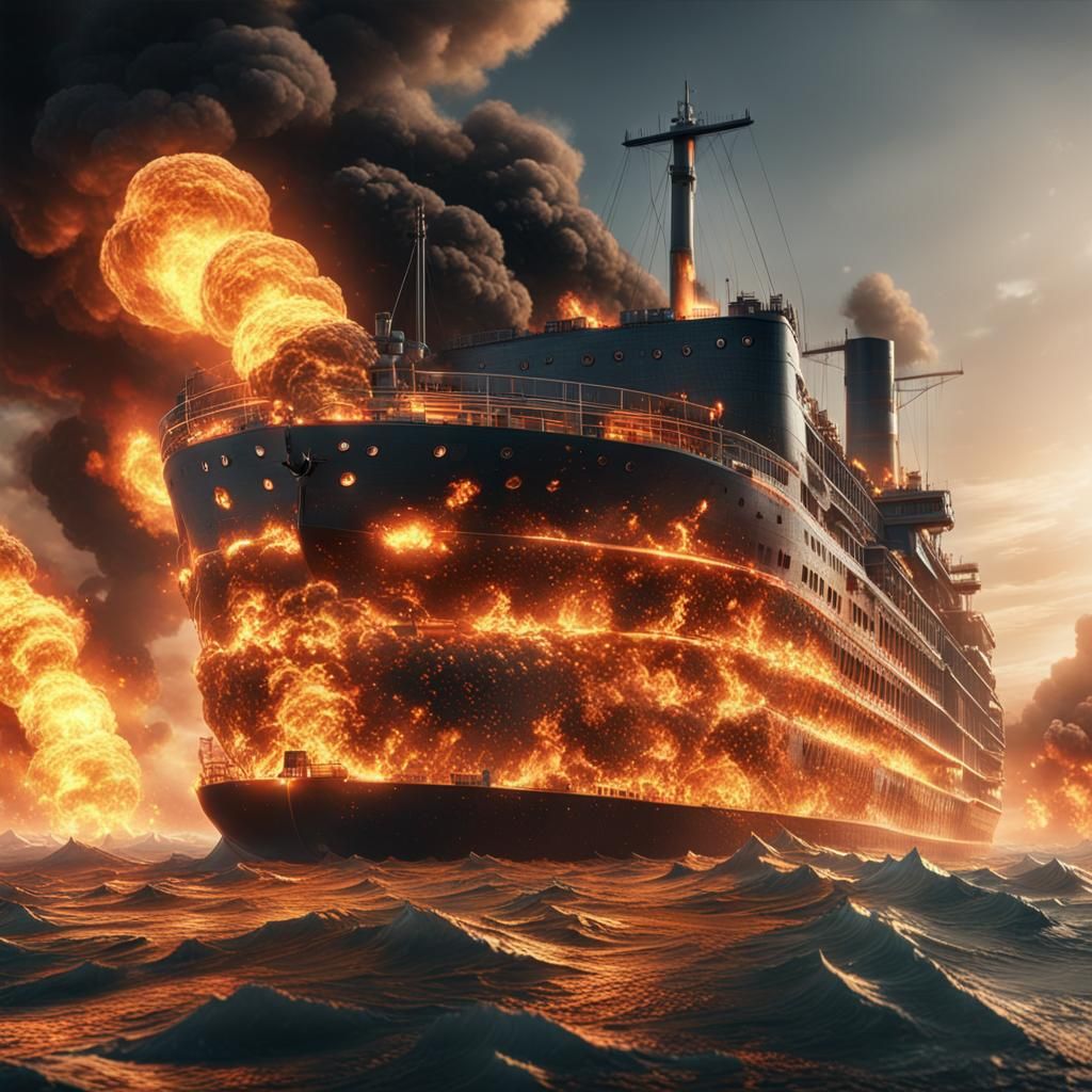 Ocean Liner Ablaze: Hyperrealistic 3D Game Cinematic