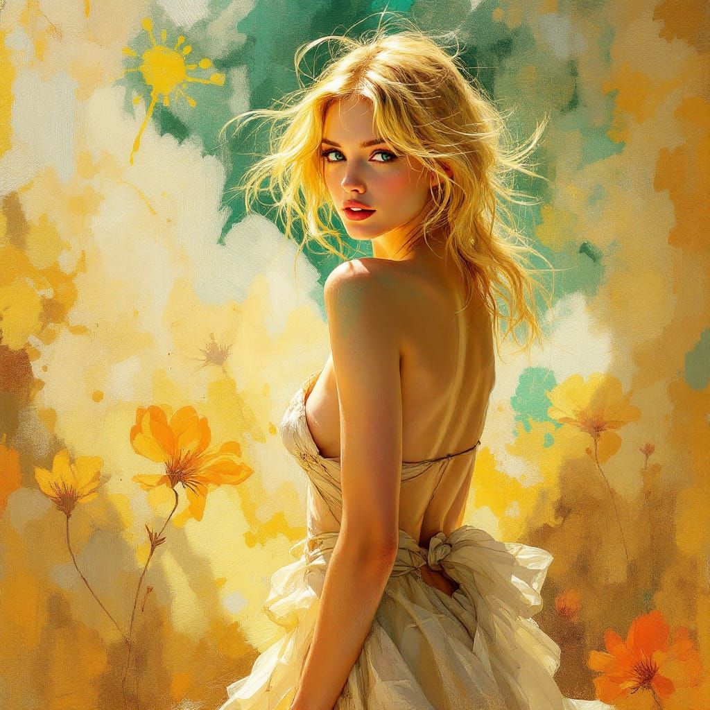 Solarpunk Pin-Up Woman with Teal Tipped Hair