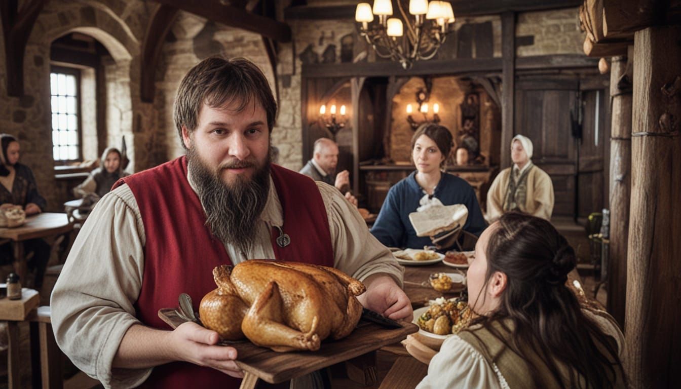 Medieval Innkeeper Serves Roasted Chicken in a Bustling Tave...