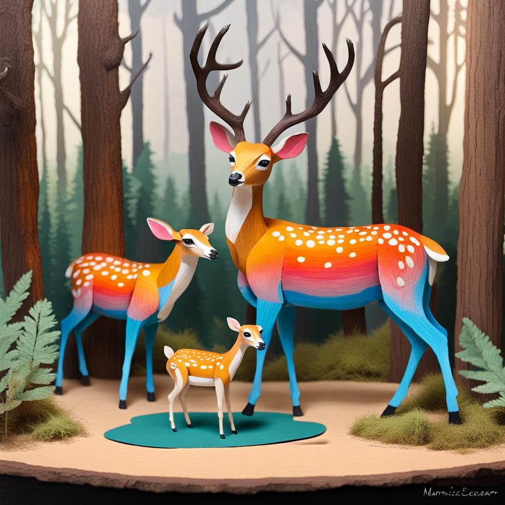 Deer Family Diorama in Folk Art Style