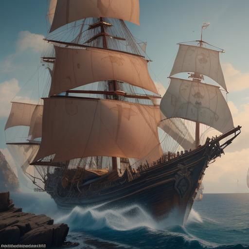 Kitten Pirate Sailing Ship by Beach Lighthouse