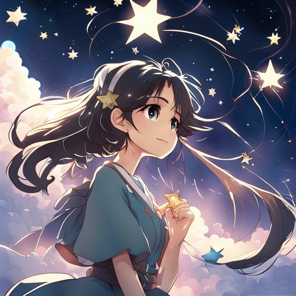 Asian Beauty Wishes Upon a Star in Anime Art