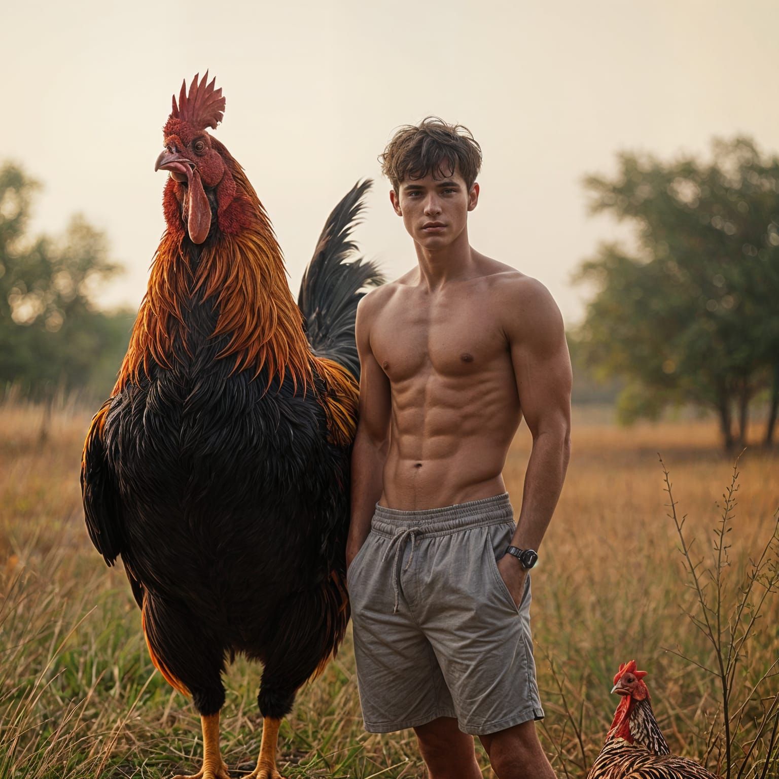 Young Man and Enormous Cockerel