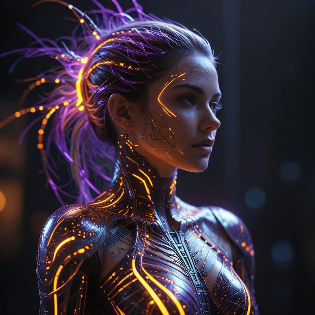 High-Tech Maiden with Glowing Energy, Digital Art