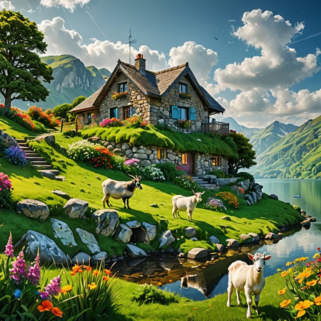 Double Exposure: Lakeside Cottage with Goats