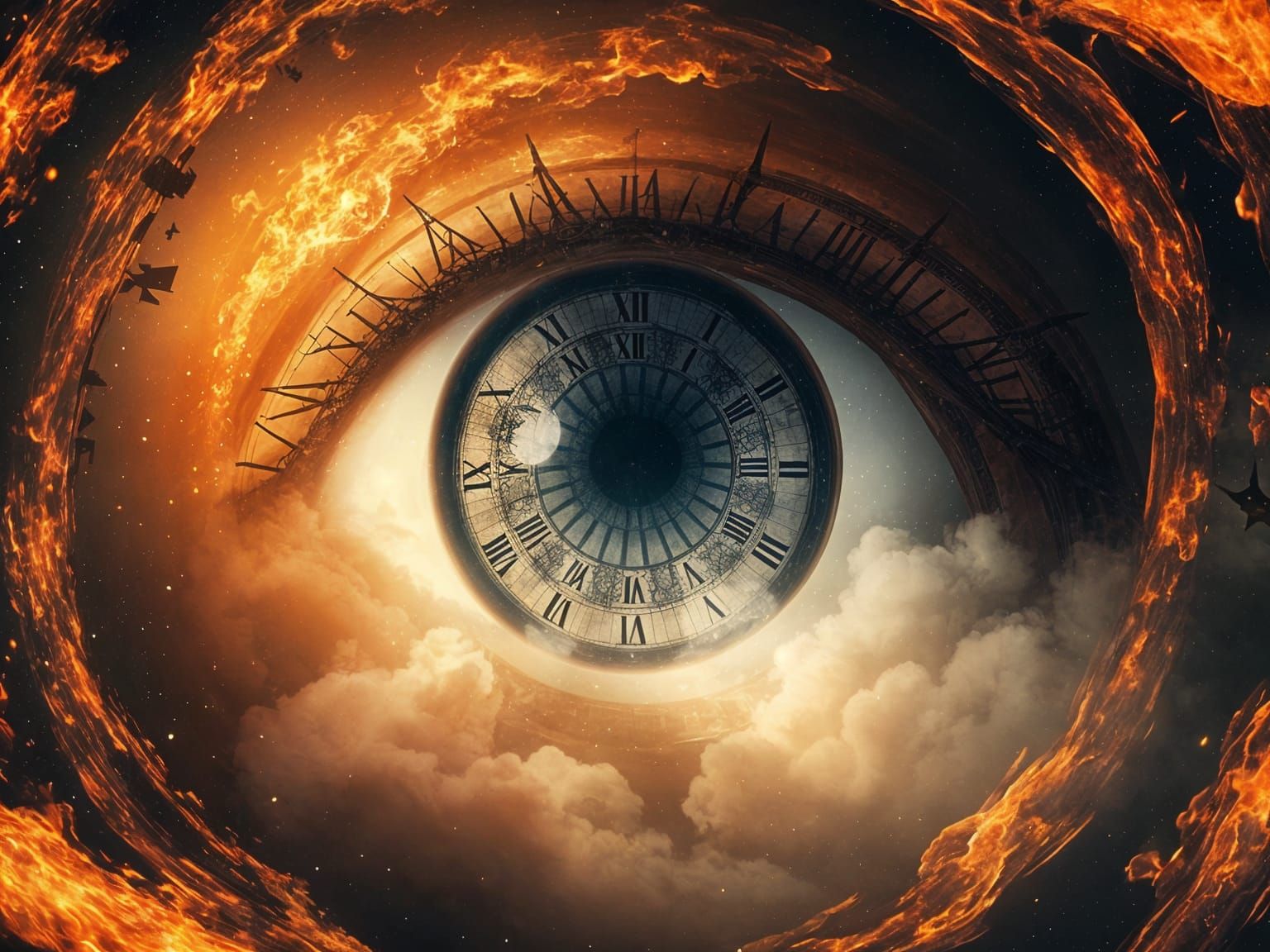 Epic Eye in a Vortex of Fire and Smoke, Under Starry Skies i...