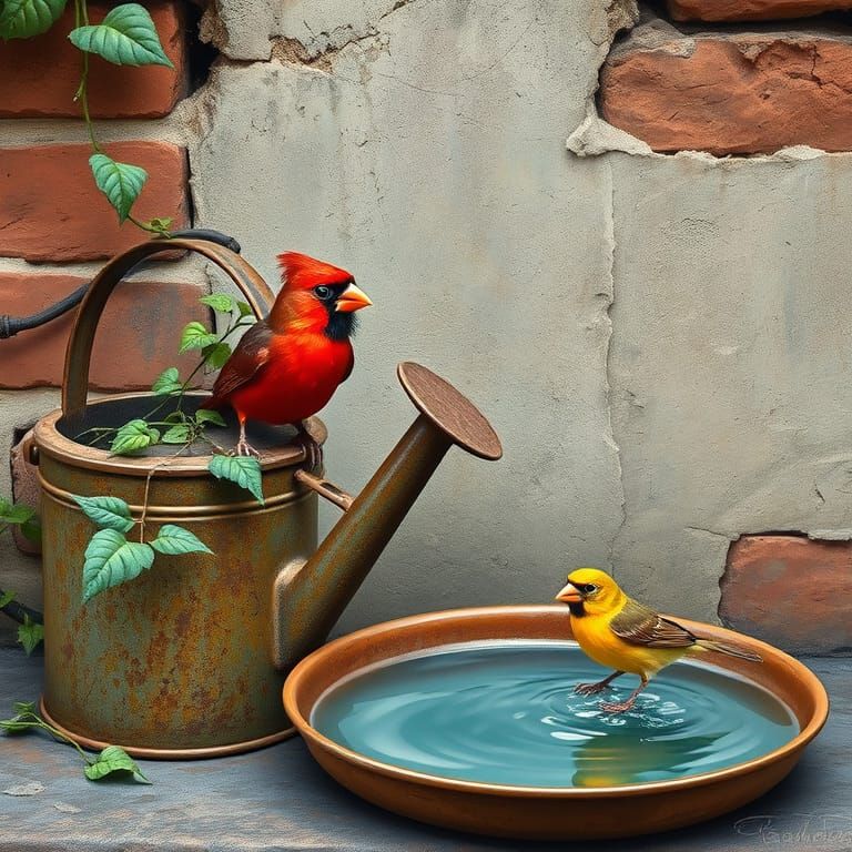 Cardinal and Canary Bird Bath, Oil Painting