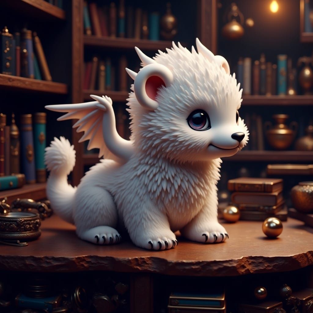 Adorable Bear-Dragon Hybrid in Mystical Library
