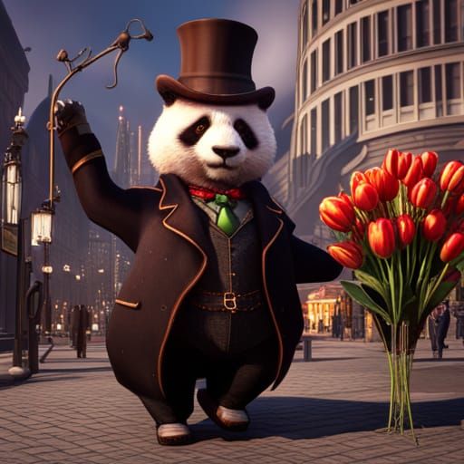 Steampunk Panda Businessman Buys Tulips in City