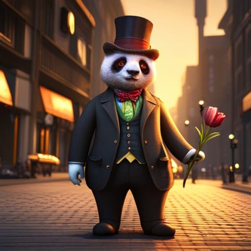 Steampunk Panda Businessman Buys Tulips in City