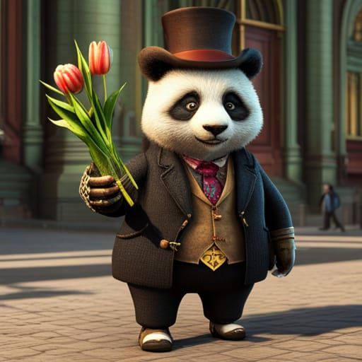 Steampunk Panda Businessman Buys Tulips in the City
