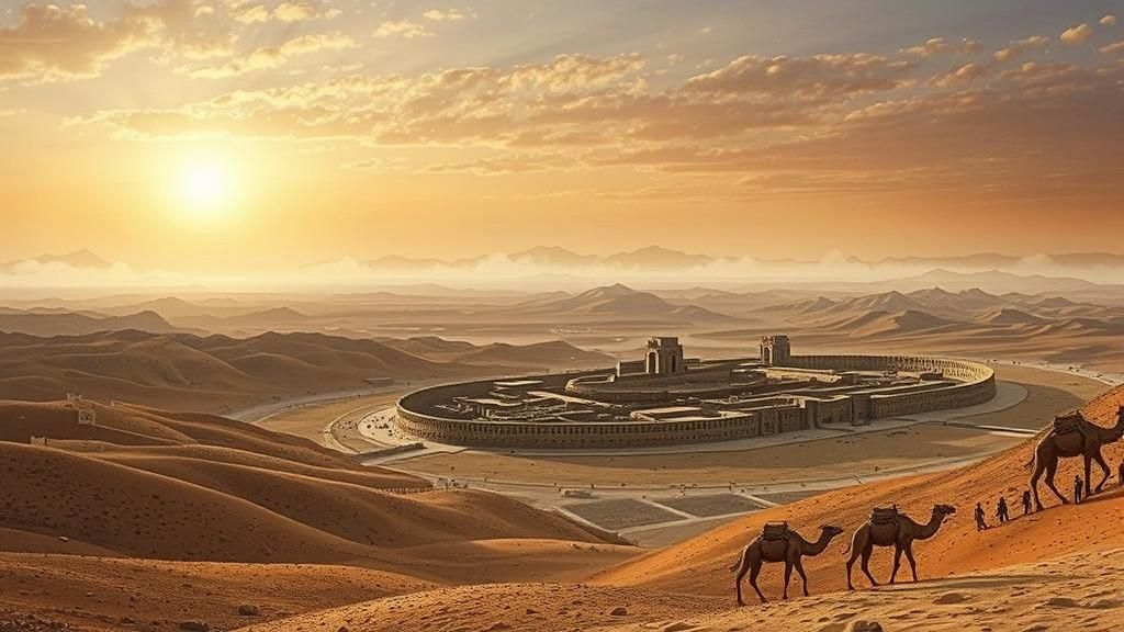 A 14th century BC desert landscape of arid terrain and rolli...