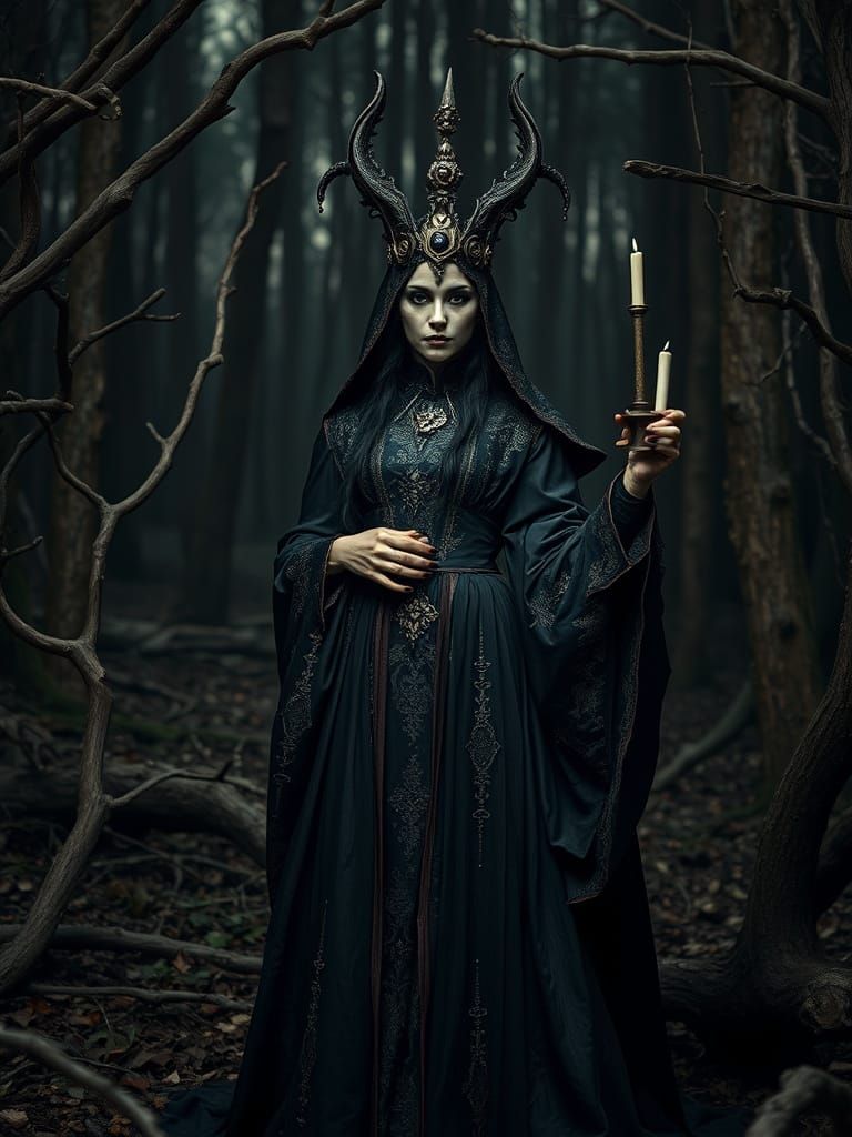 Mystical Priestess in Dark, Twisted Woodland