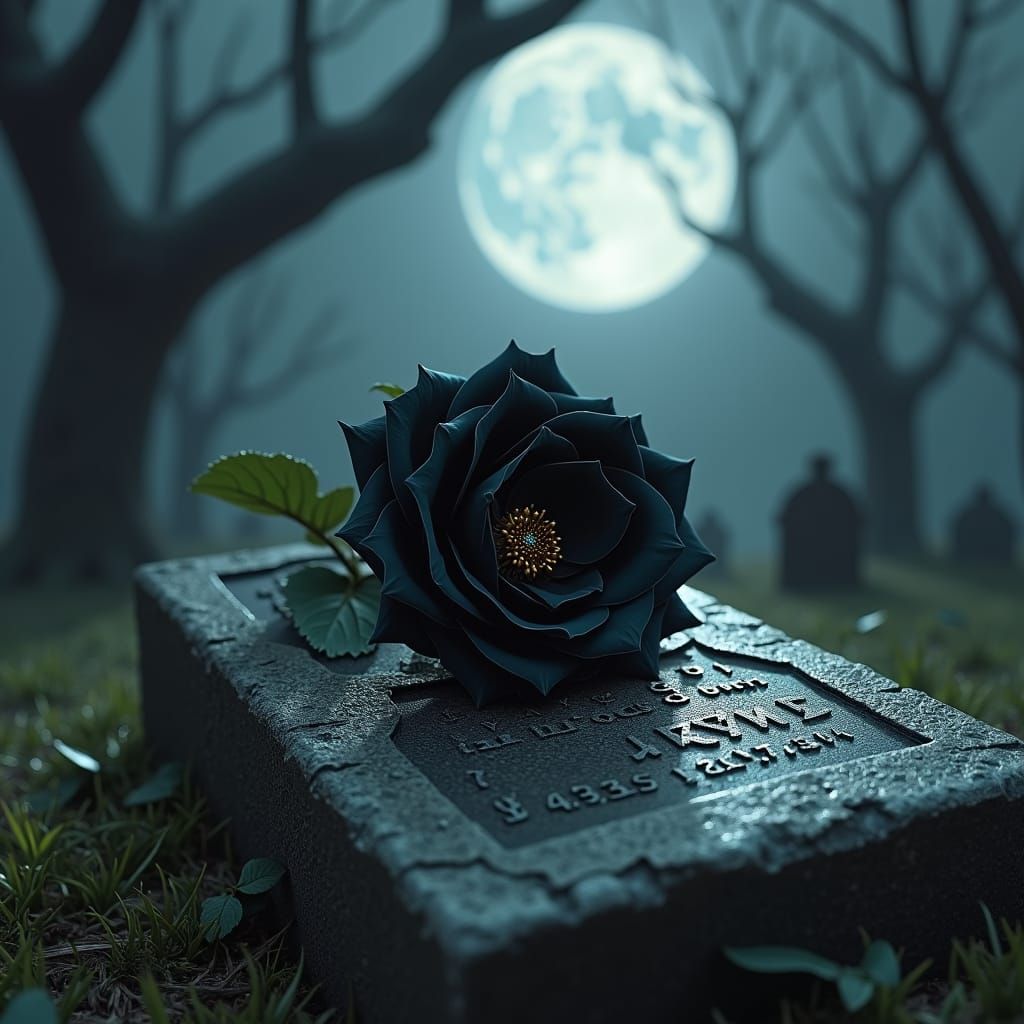 Black Rose on Ancient Grave in Mystical Graveyard
