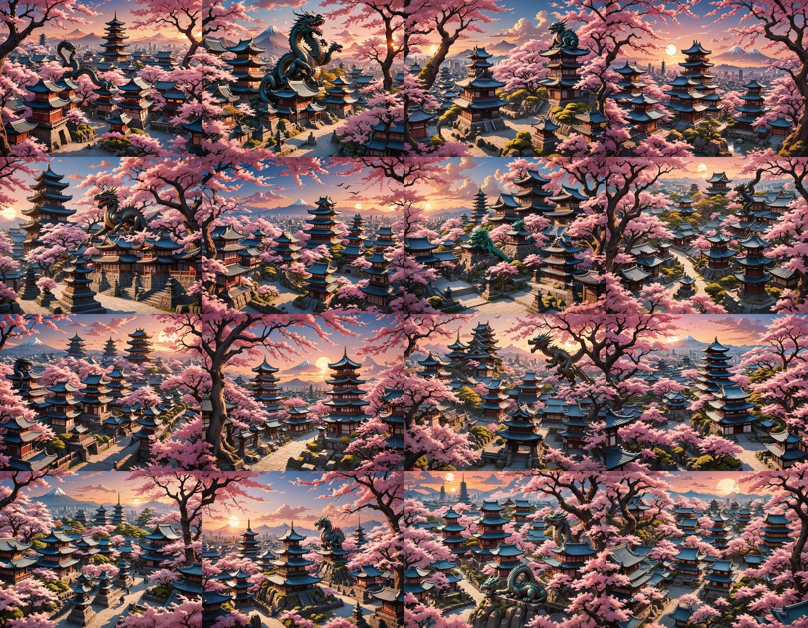 Ancient Japanese City with Dragon Statues in Manga Style