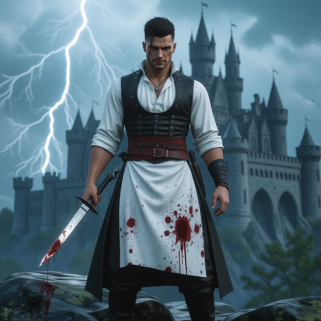 Gothic Surgeon in Stormy Castle Landscape