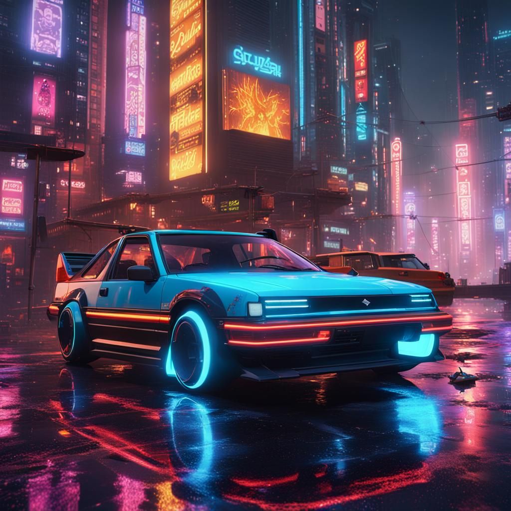 Suzuki in Cyberpunk City with Neon and Fire