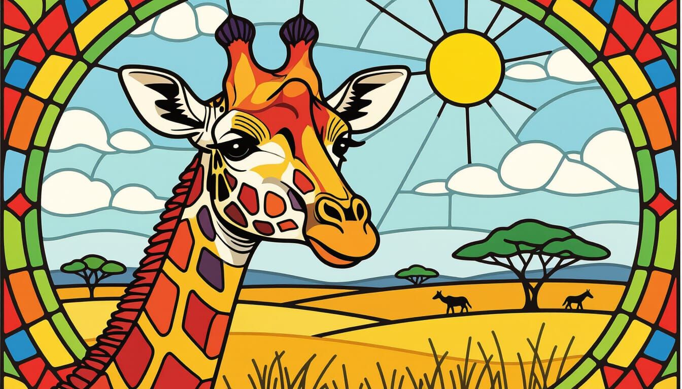 Pop Art Stained Glass Giraffe on the Serengeti