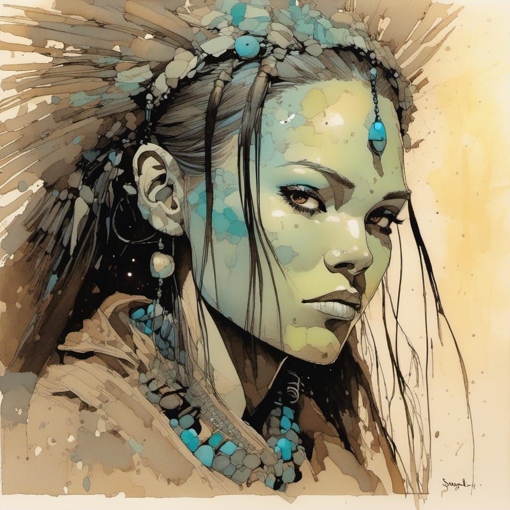 Cherokee Woman Portrait in Cyberpunk Style