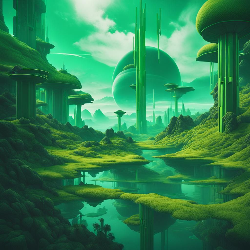 Lush Green Futuristic Landscape in Cinematic Style