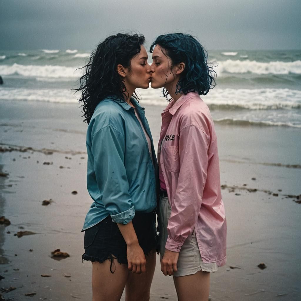 Teenagers Kissing in the Rain: Cinematic Film Still