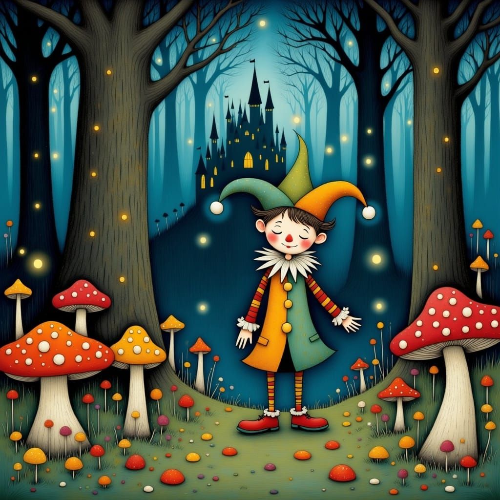 Mischievous Jester in Mystical Forest, Comic Style