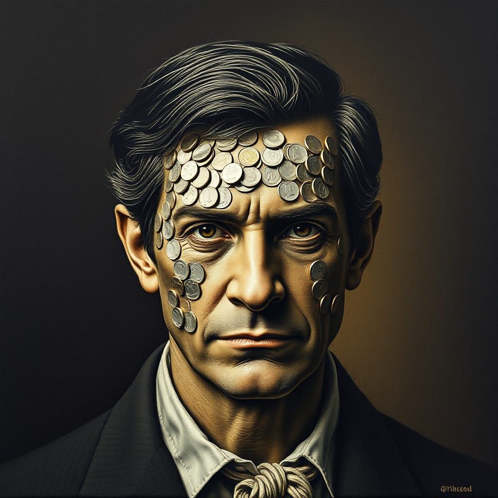 Stern Portrait Crafted from Coins with Chiaroscuro Effect