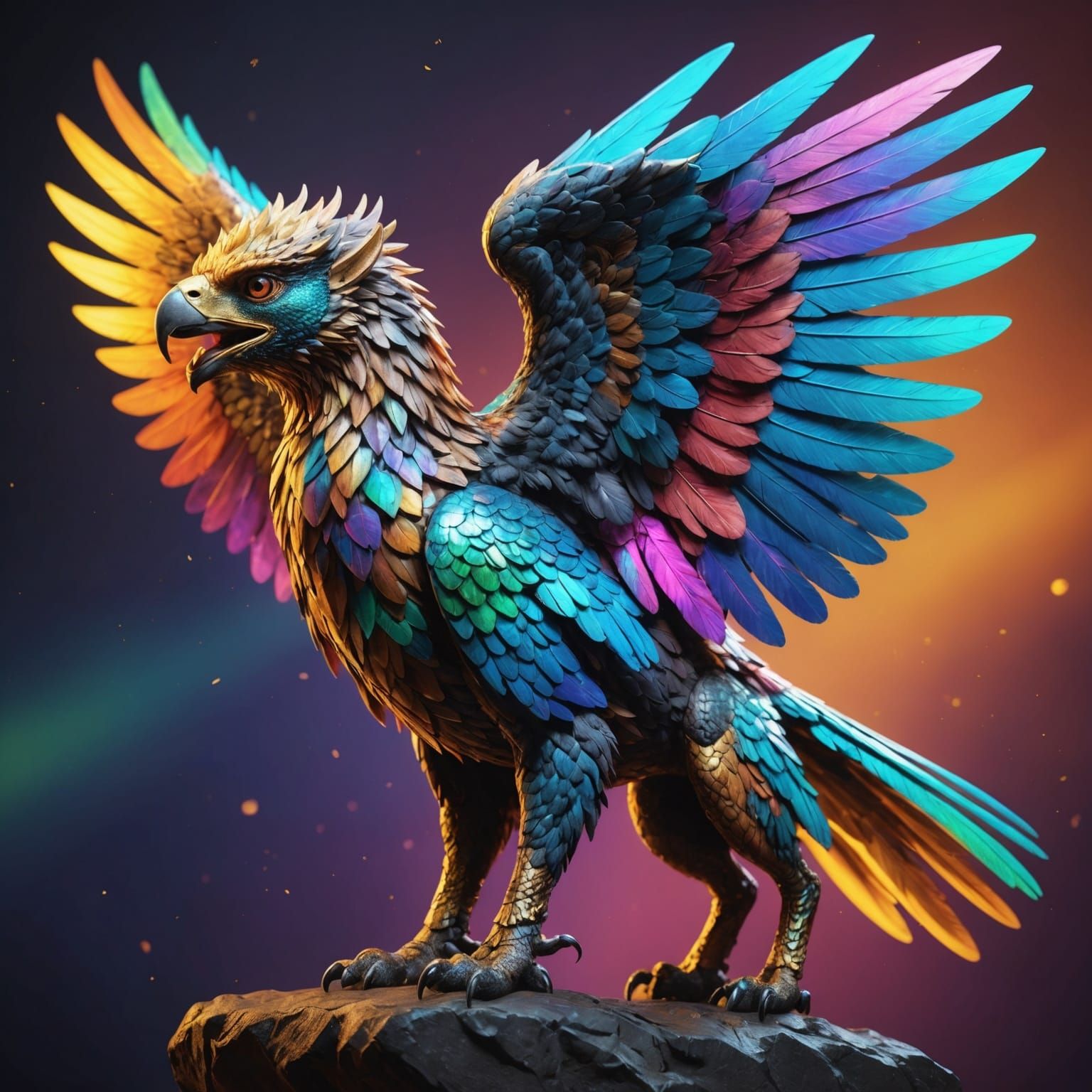 A griffin with uniquely detailed holographic wings.