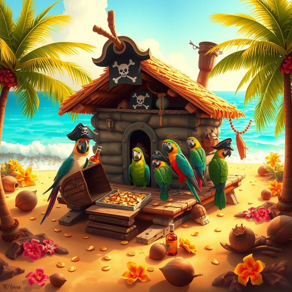 Pirate Birdhouse on Caribbean Beach: Digital Painting