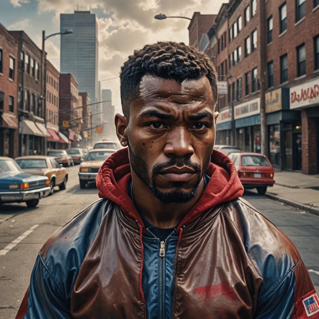 Photorealistic Portrait of Mike Bison in 1980s Style