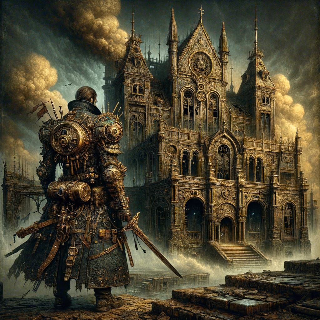 Steampunk Warrior Before Gothic Mansion in Twilight