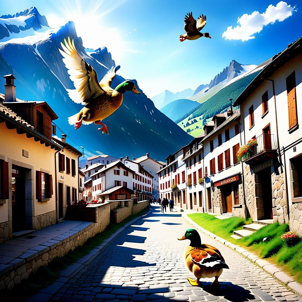 Hyperrealistic Lion and Duck Fly Over Pyrenees