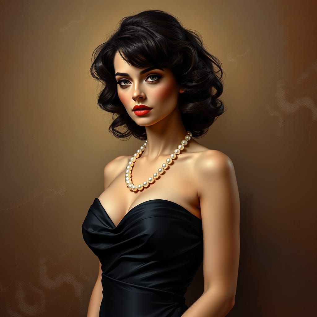 A digital painting of a glamorous portrait against a textured brown background. The subject wears a strapless black sati...