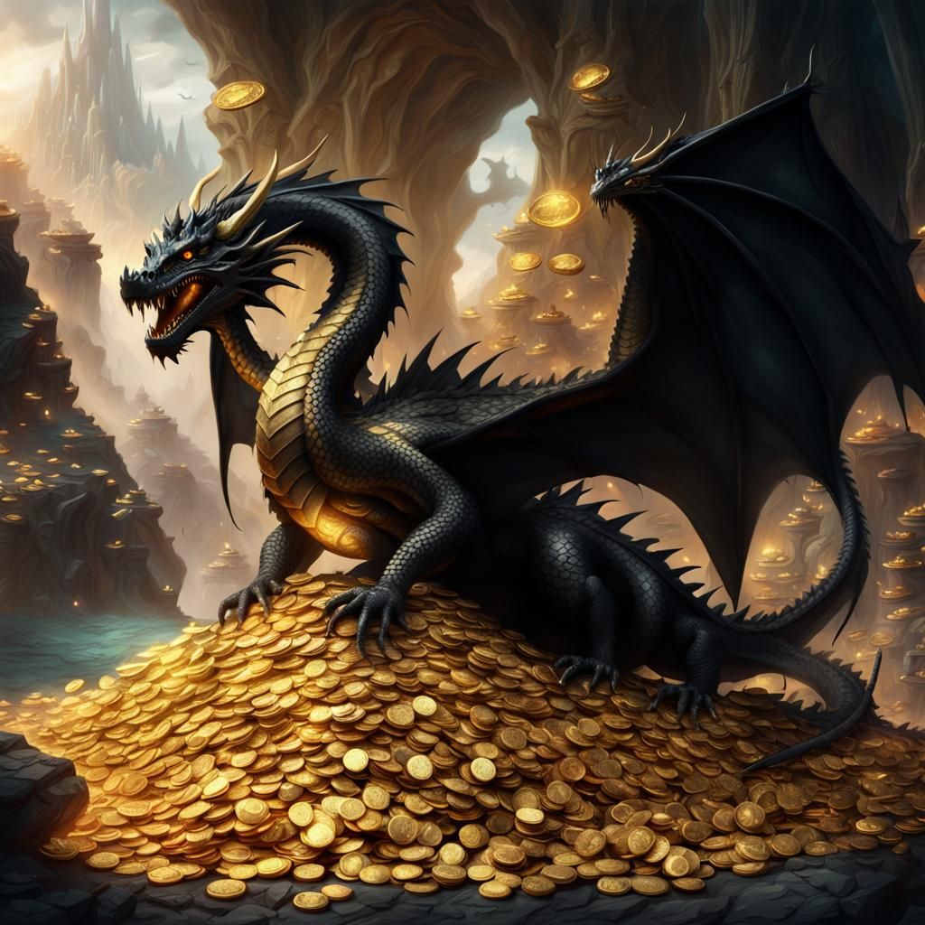 Regal Black Dragon on Treasure Hoard