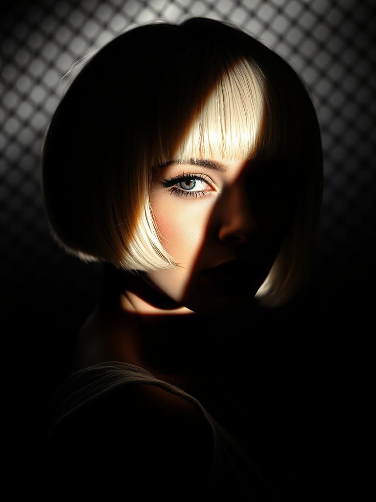 Silhouette Art, gorgeous, dark background, portrait of stunning Russian woman, platinum hair, bob cut, straight quiff, s...