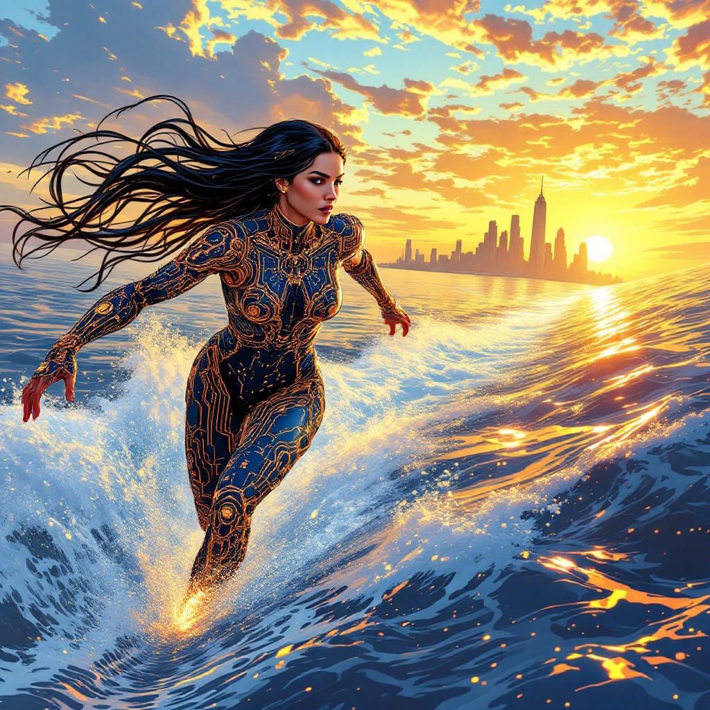 Middle Eastern Superheroine Runs on Water towards New York C...