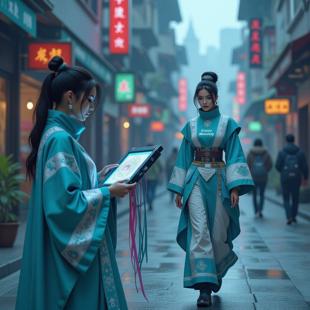 Futuristic Embroidery and Happy Monday in Turquoise and Purp...