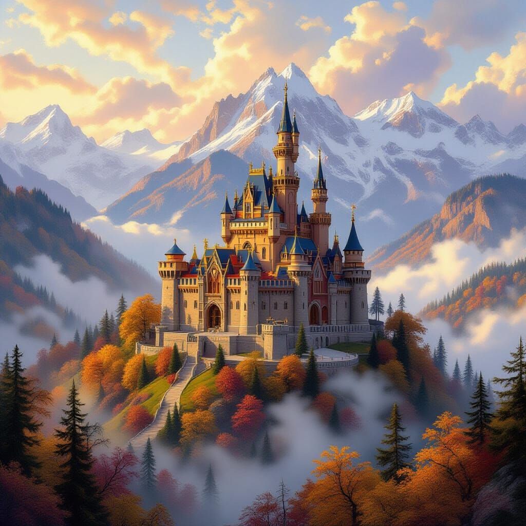 Majestic Autumn Castle in Bierstadt Style