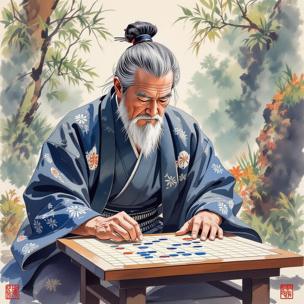 Elderly Man Plays Go in Serene Japanese Style