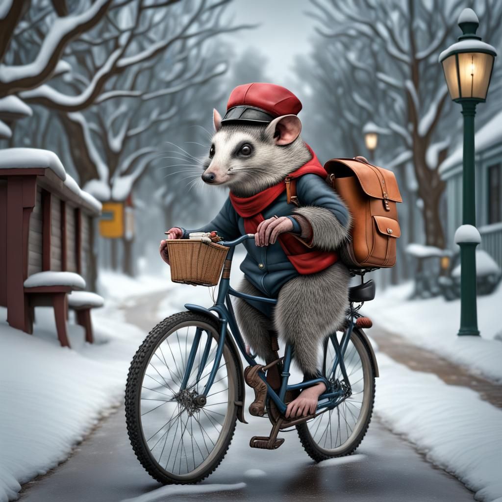 Opossum Postman Rides Through Winter Wonderland