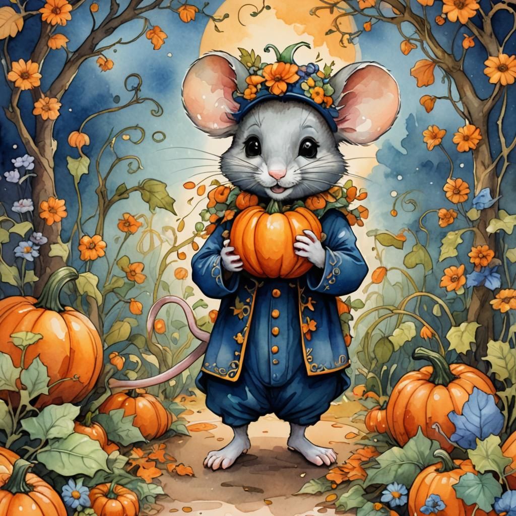 Chibi Mouse Halloween Scene in Watercolor Style