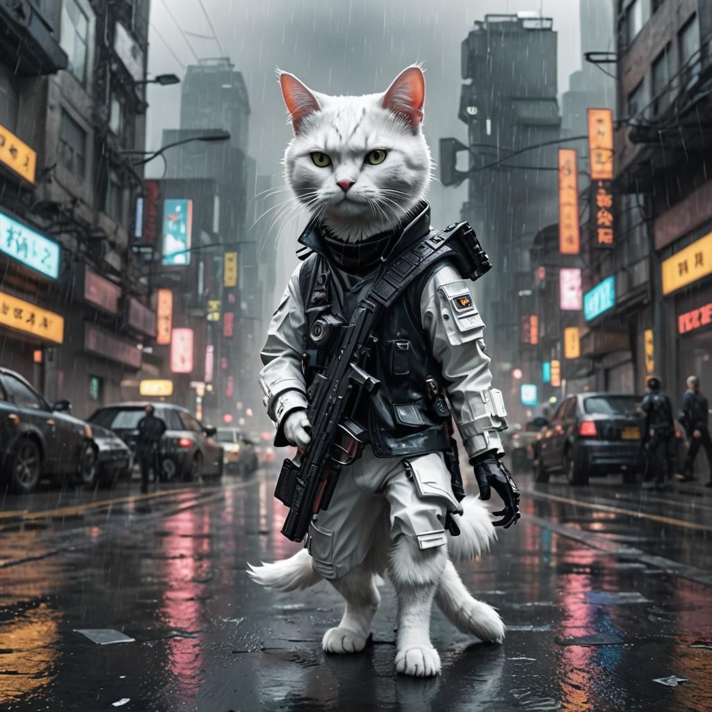 Cyberpunk Cat: Punk Style in Rainy City