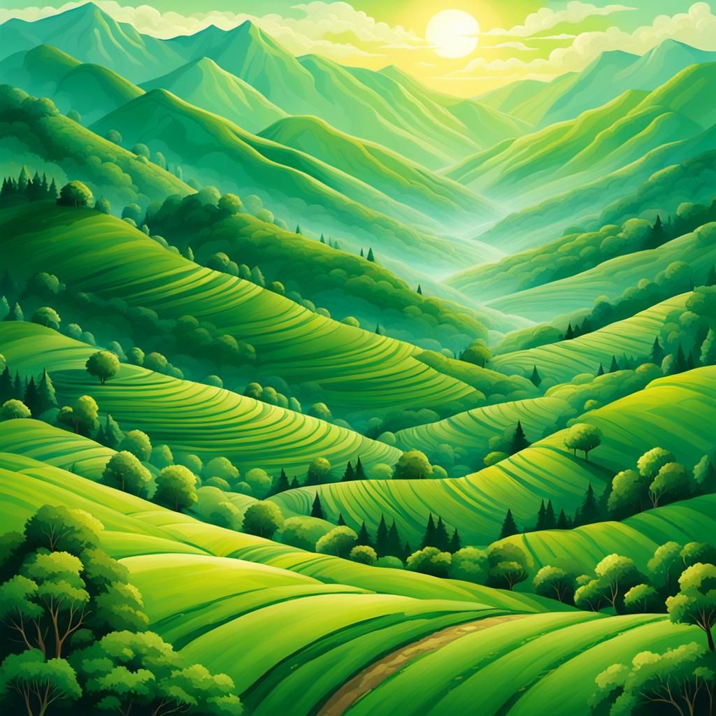 Verdant Mountainous Landscape in Shades of Green
