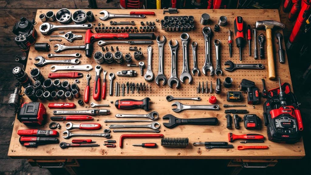 Wooden Workbench Filled With Professional Hand Tools