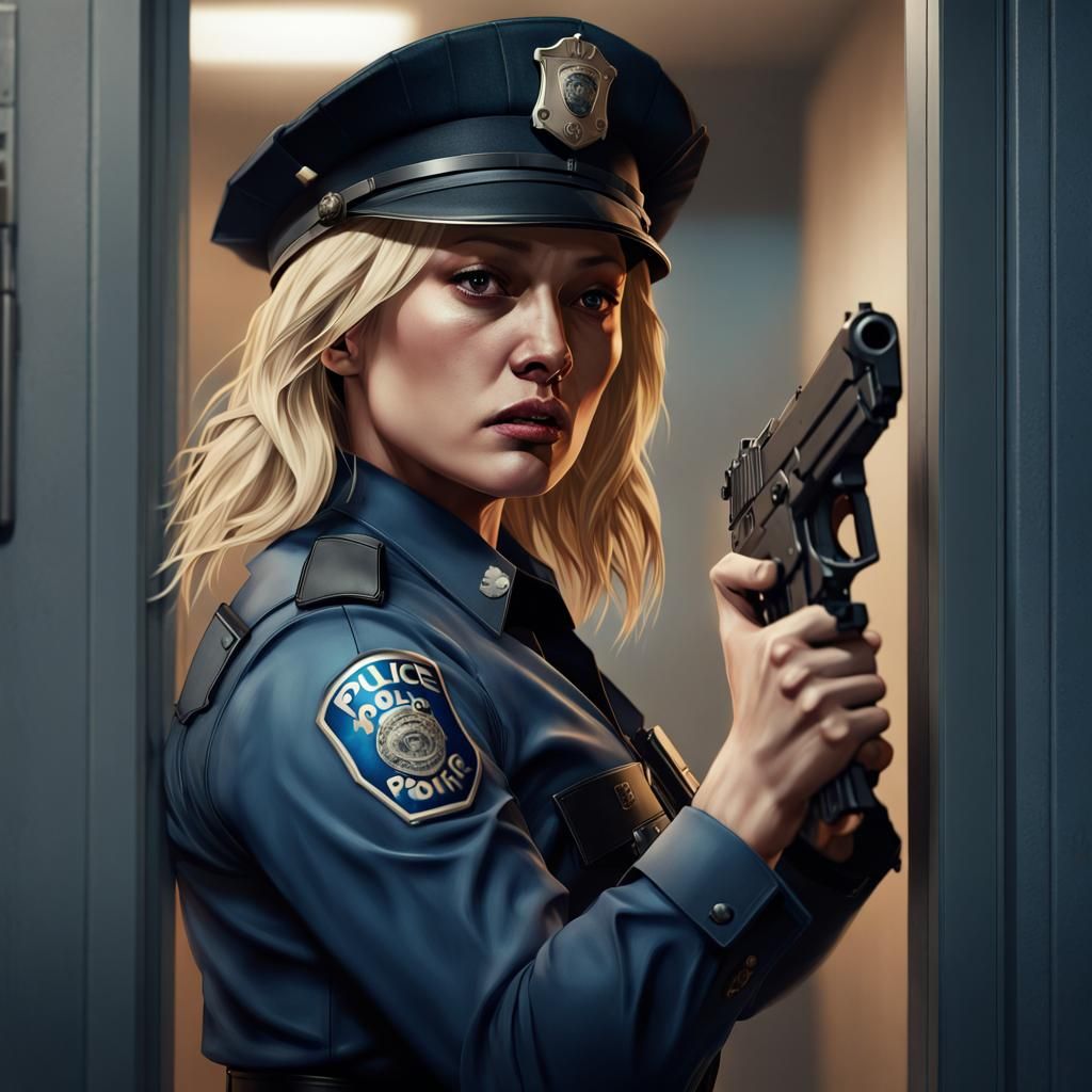 Scared Blonde Police Officer in a Dark Station