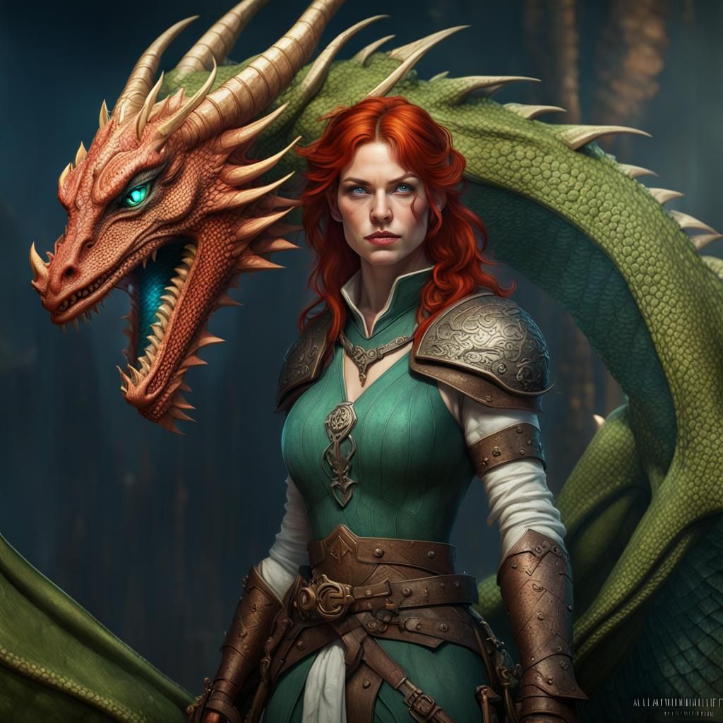Dragon Rider with Green Dragon: Dark Fantasy Art