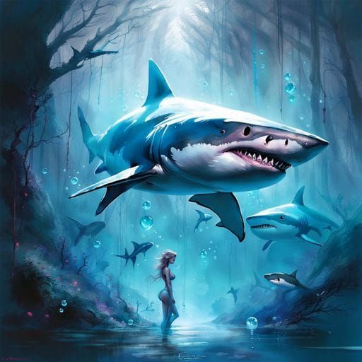Sharks Float Through Forest in Dreamlike Fantasy Art